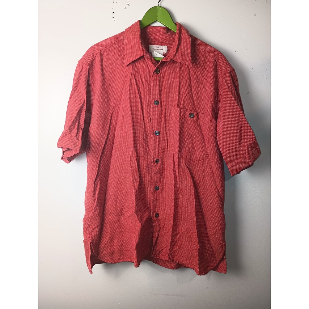 Ermenegildo Zegna Mens Red Micro Check Cotton Blend Short Sleeve Shirt Large